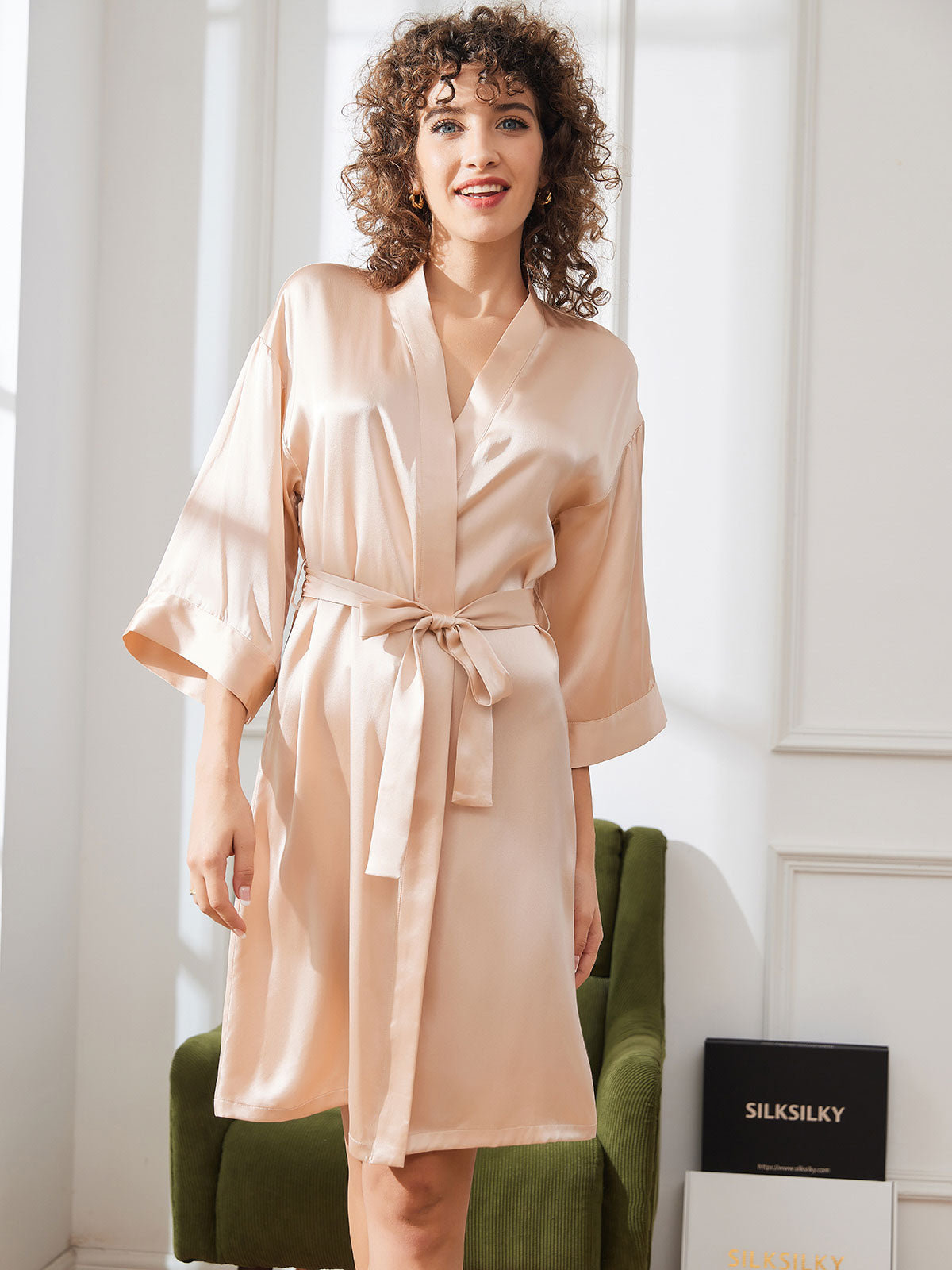 [Champagne] SilkSilky-CA Pure Silk 3/4 Sleeve Wrap Women's Robe 003