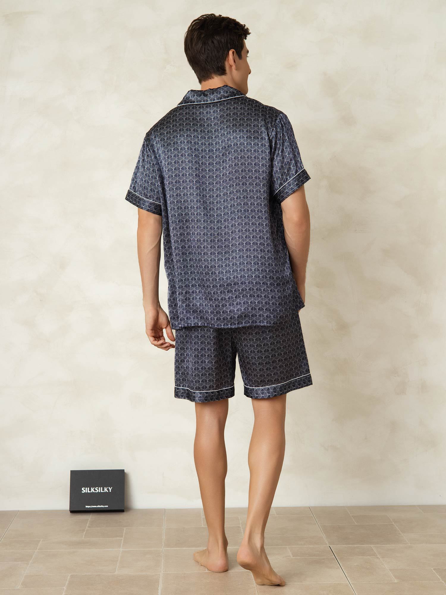 [NavyGinkgo] SilkSilky-CA Pure Silk Lapel Collar Men's Pajamas 002