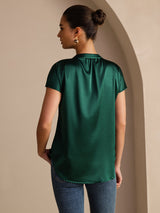 [Dark Green] SilkSilky-CA Short Sleeve Split Women's Blouse 002