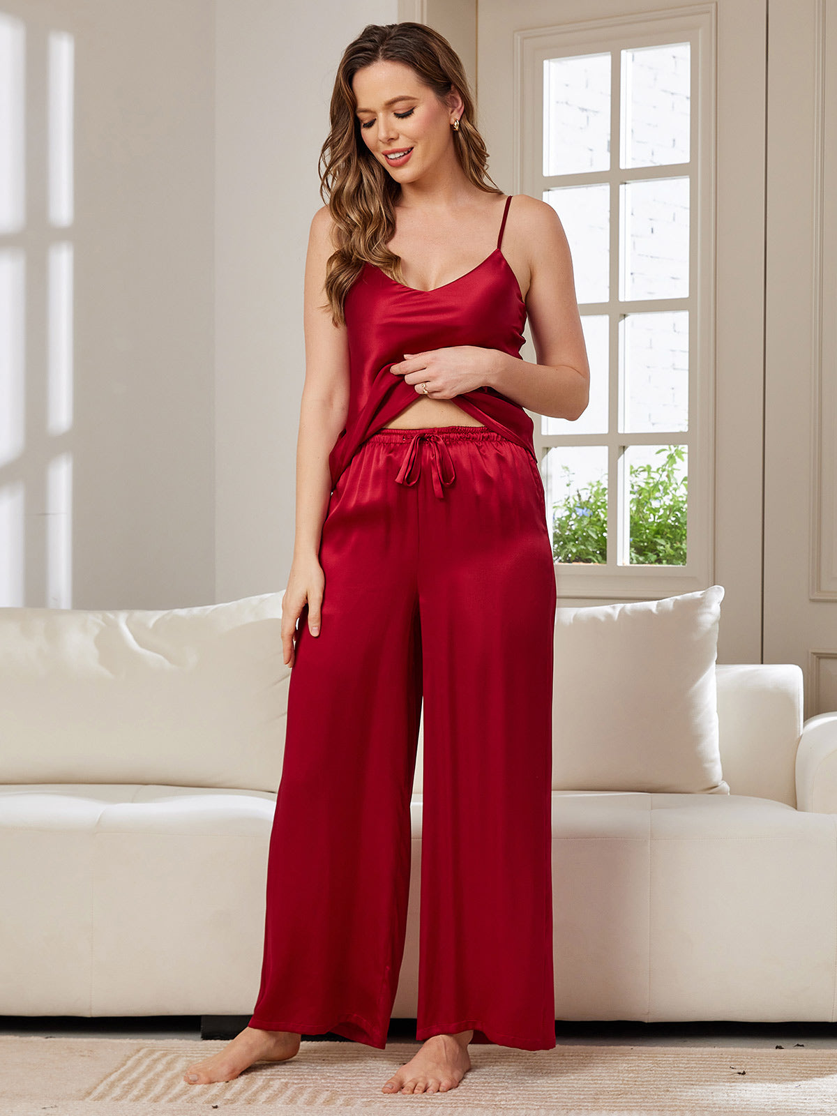 [Wine] SilkSilky-CA Pure Silk V Neck Camisole Set 005