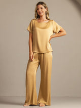 [Tan] SilkSilky-CA 19Momme Machine-Washable Silk Short Sleeve Women's Pajamas 003
