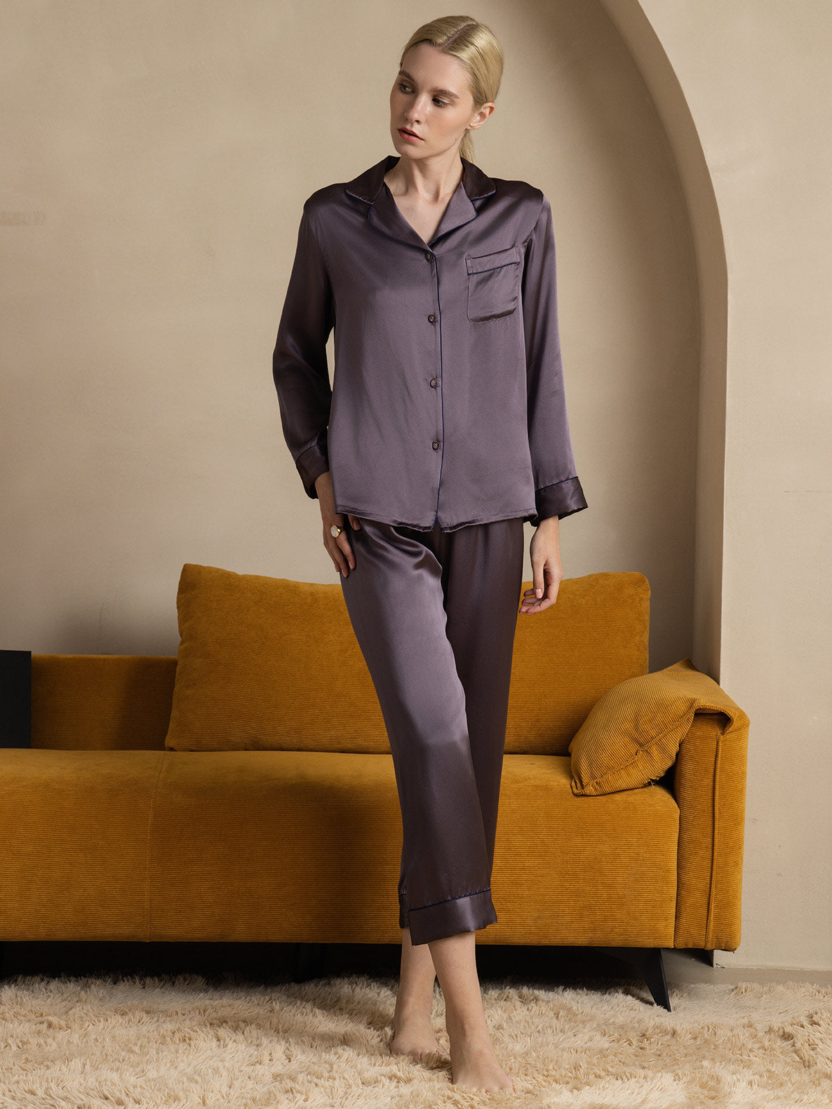 SilkSilky-CA Pure Silk Long Sleeve Lapel Women's Pajamas PurpleGray 006