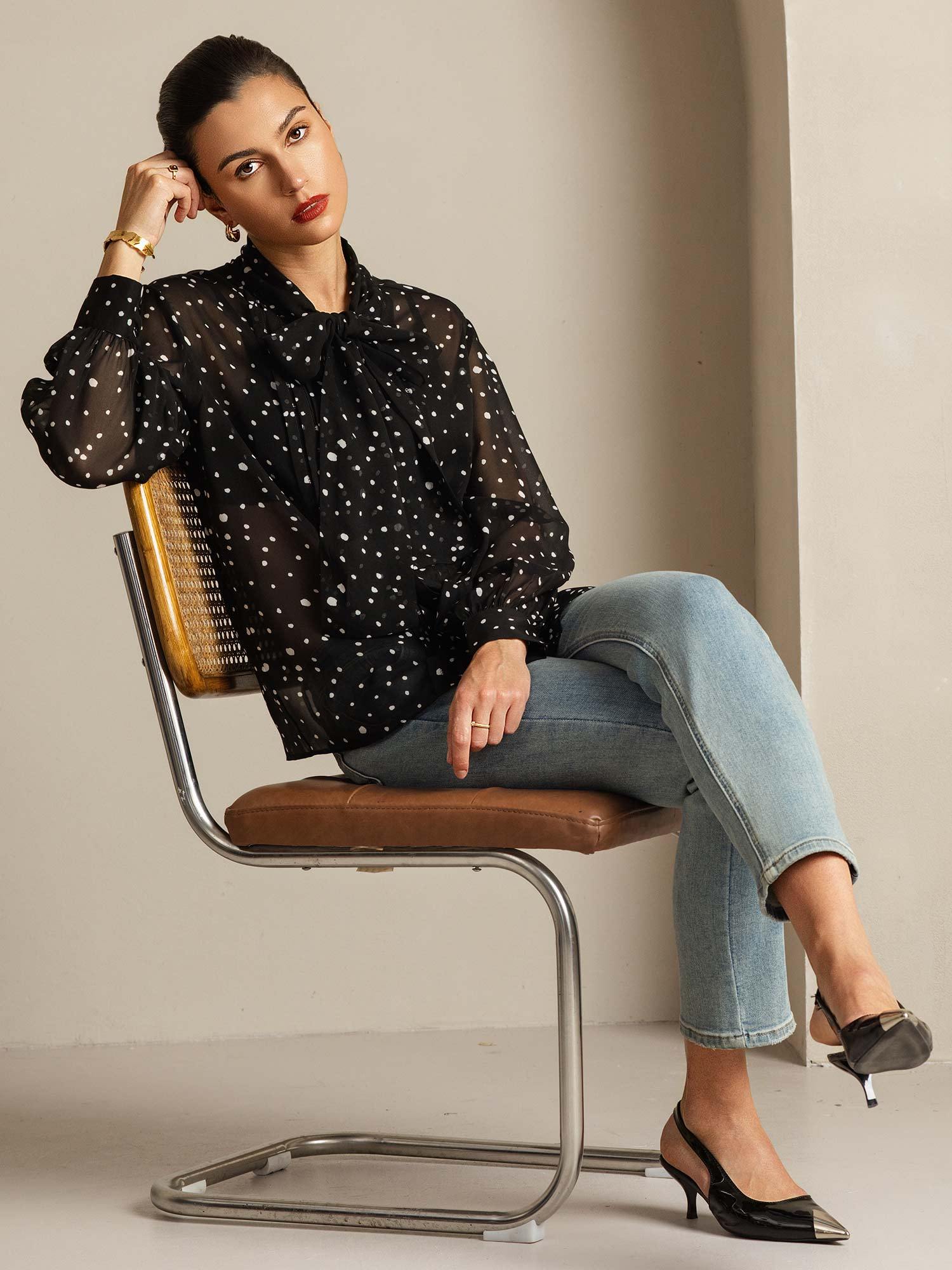 [PolkaDot] SilkSilky-CA Pure Silk Tie Neck Women's Shirt 009