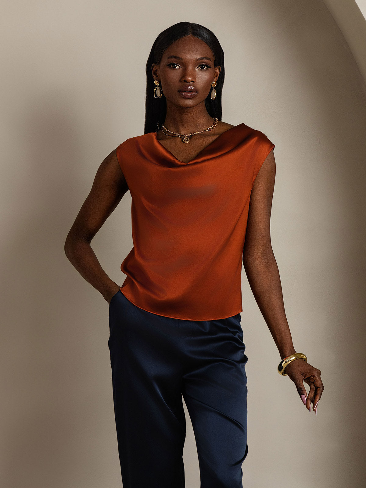 [Caramel] SilkSilky-CA 19Momme Silk Cap Sleeve Cowl Neck Women's T-Shirt 001