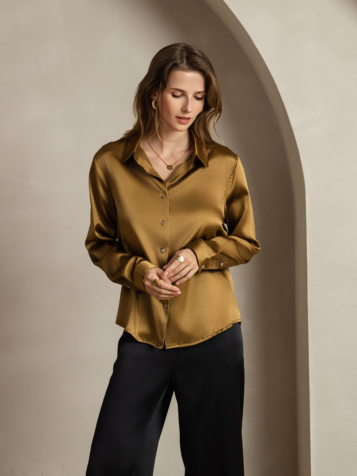 [Bronze] SilkSilky-CA Silk Lapel Collar Women's Shirt 006