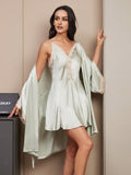 SilkSilky CA Pure Silk 3/4 Sleeve V Neck Nightgown&Robe Set MintGreen 003