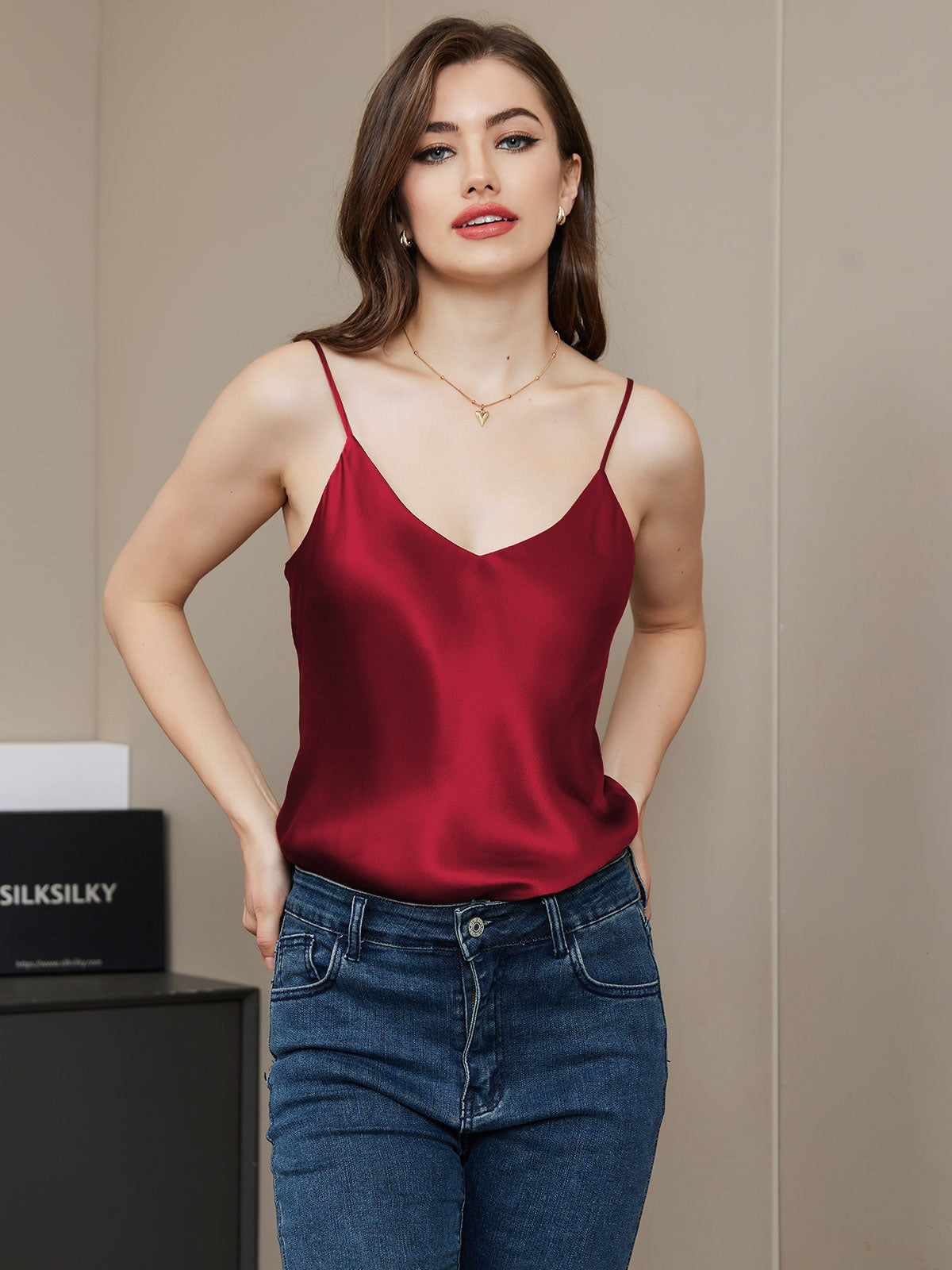 [Dark Red] SilkSilky-CA Pure Silk Sleeveless V Neck Camisole 004
