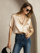 [Champagne] SilkSilky-CA 19Momme Silk Notched Neck Women's Shirt 001