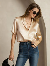 [Champagne] SilkSilky-CA Short Sleeve Lapel Collar Women's Shirt 001