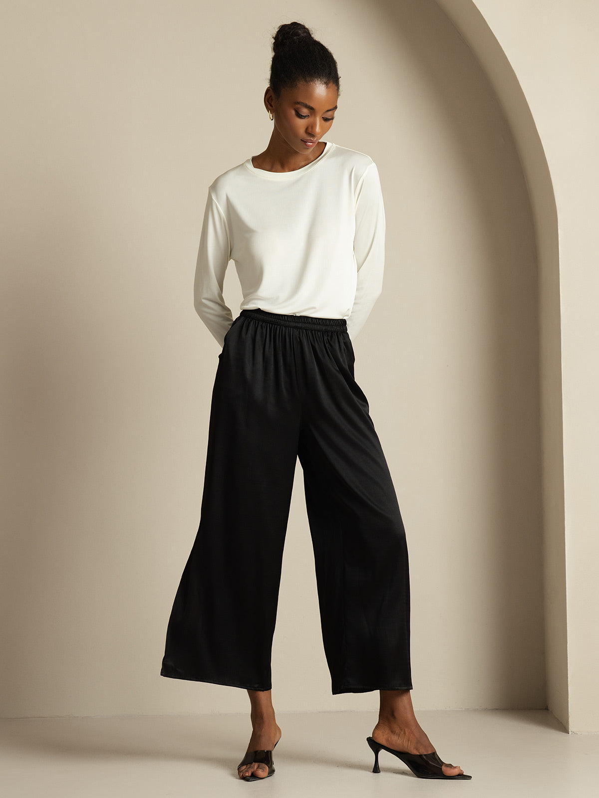 [Black] SilkSilky-CA 19Momme Silk Split Women's Pants 005
