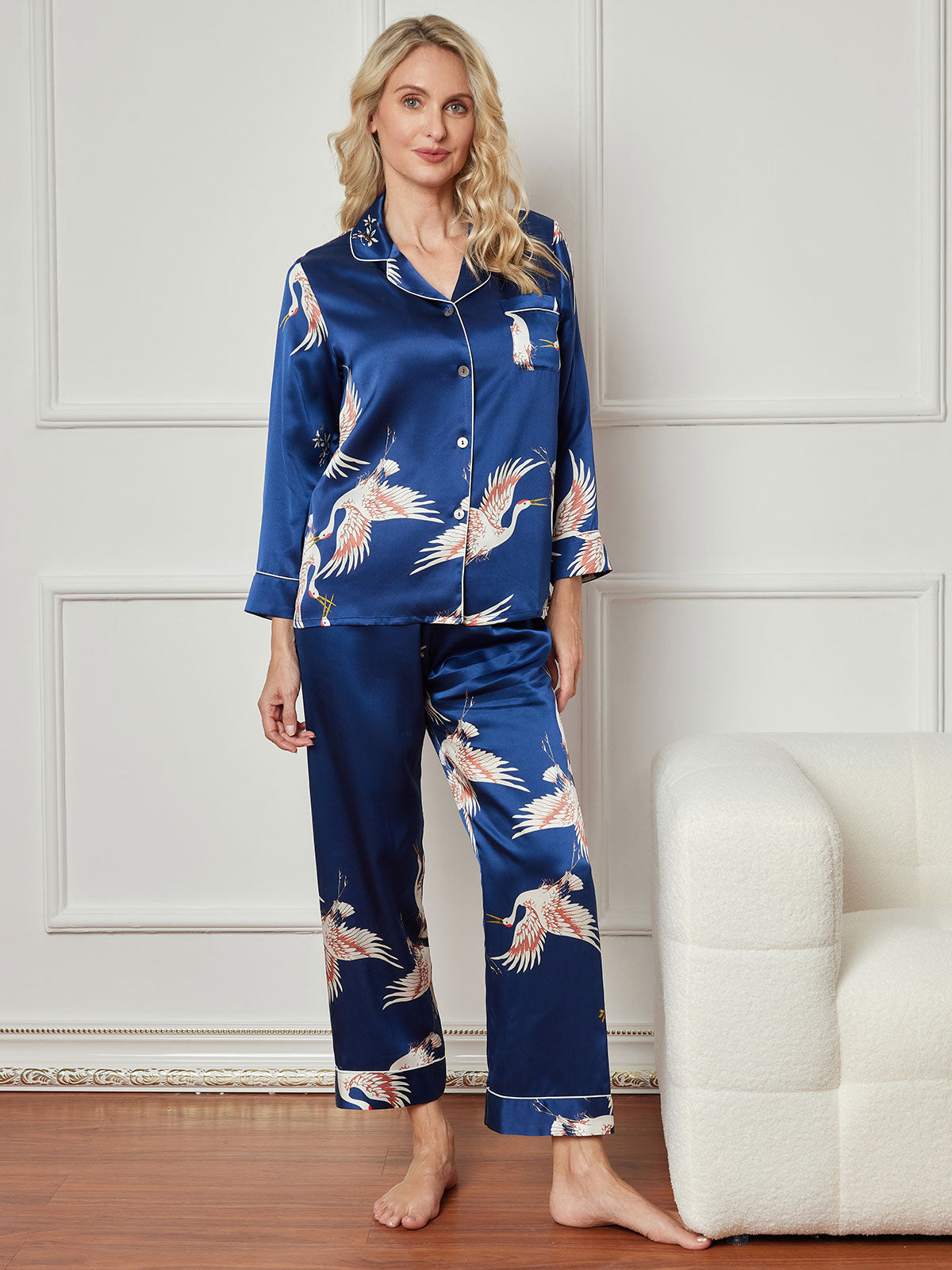 SilkSilky-CA 19Momme Pure Silk Long Sleeve Lapel Women's Pajamas DarkBlue 003