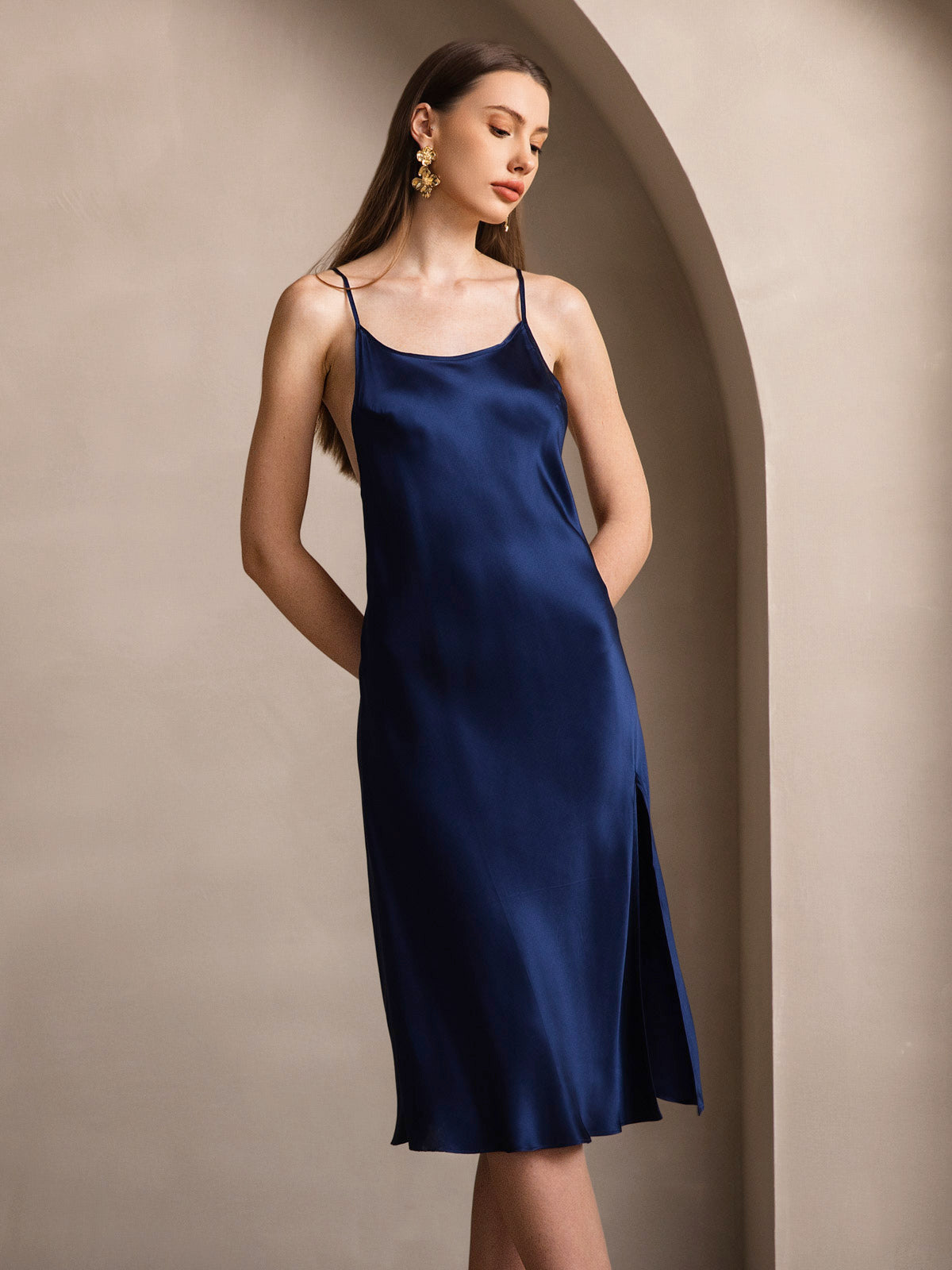 [Dark Blue] SilkSilky-CA Pure Silk Round Neck Dress 001