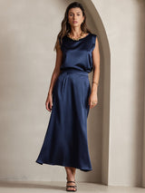 [Dark Blue] SilkSilky-CA 19Momme Stretch Silk Charmeuse Skirt 005