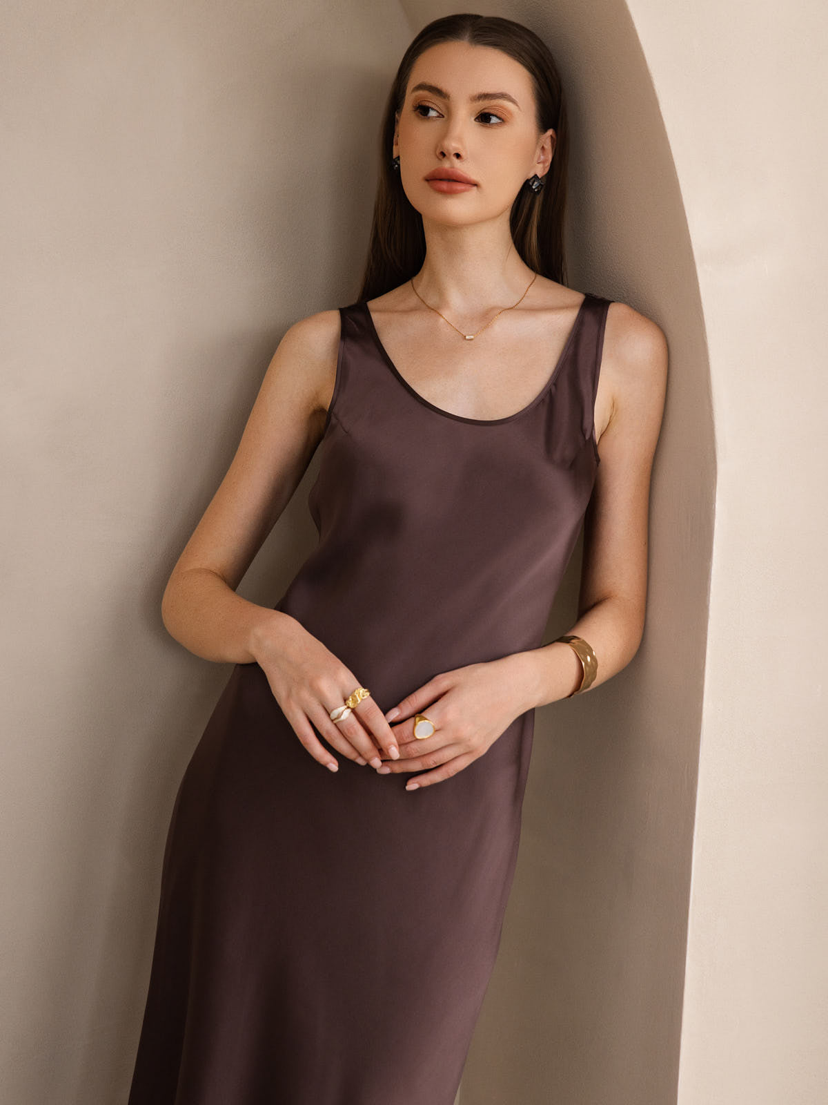 [Coffee] SilkSilky-CA Pure Silk Boat Neck Dress 003