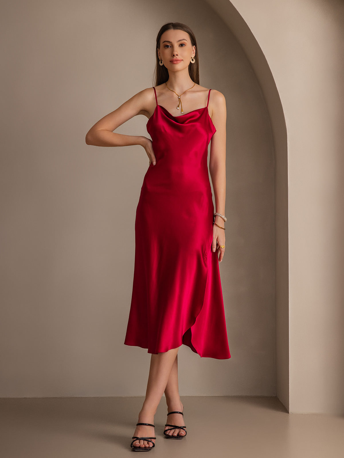 [Wine] SilkSilky-CA 19Momme Pure Silk Cowl Neck Dress 004