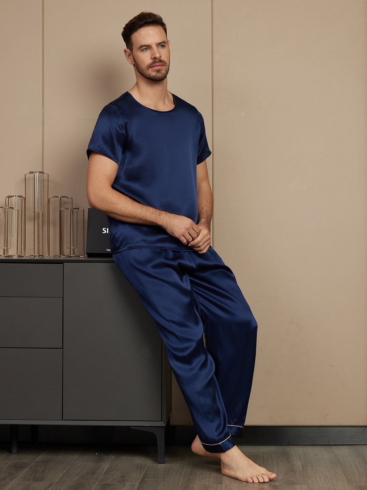 SilkSilky CA Pure Silk Short Sleeve Round Neck Men's Pajamas DarkBlue 005