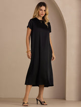 [Black] SilkSilky-CA Short Sleeve Round Neck Dress 005