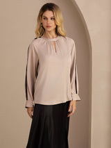[Tan] SilkSilky-CA Long Sleeve Keyhole Neck Women's Blouse 004