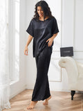 SilkSilky CA Pure Silk Short Sleeve V Neck Women's Pajamas Black 004