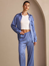 [Blue Pinstripe] SilkSilky-CA Long Sleeve Lapel Collar Women's Outfit Sets 003