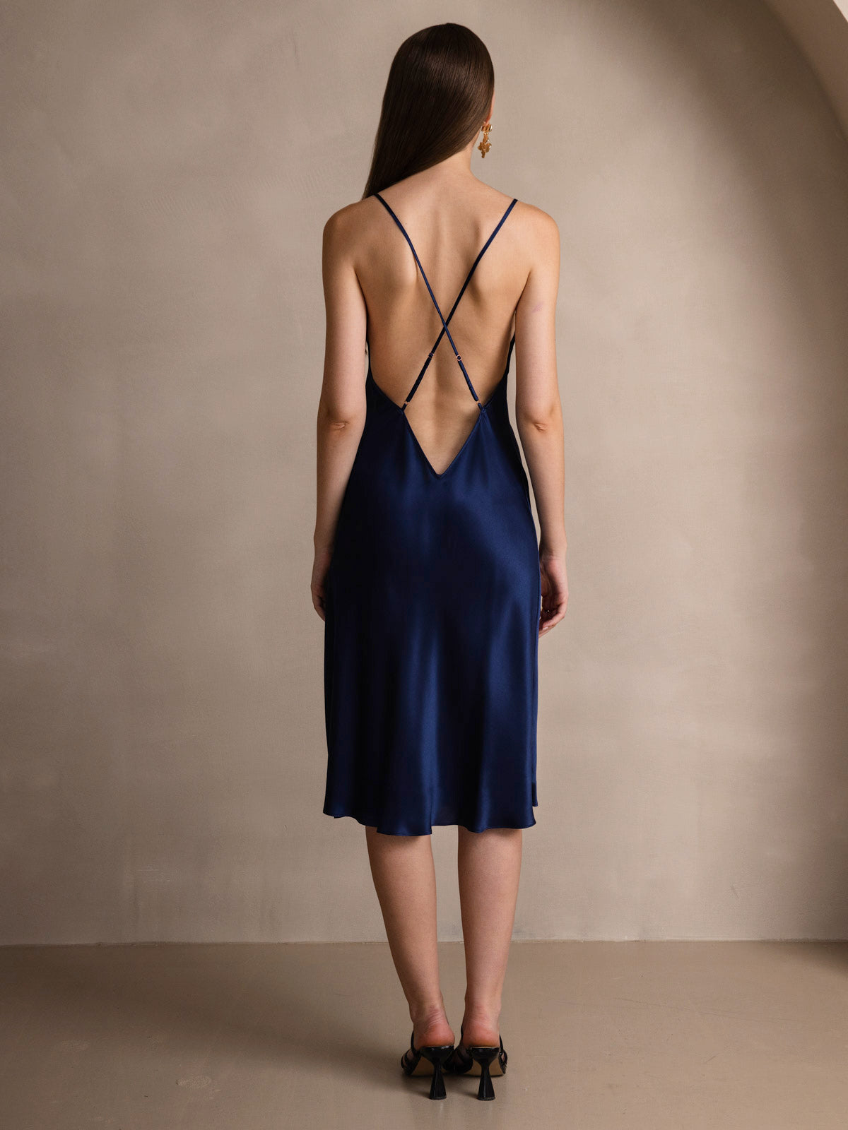 [Dark Blue] SilkSilky-CA Pure Silk Round Neck Dress 002
