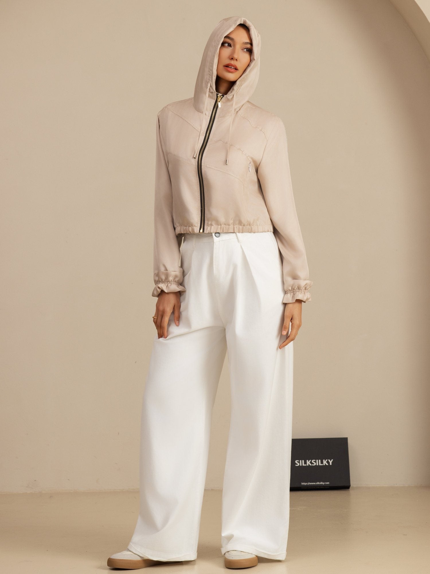 [Tan] SilkSilky-CA 18Momme Silk Satin Surah Long Sleeve High Neck Women's Outerwear 007