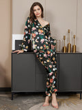 SilkSilky CA Pure Silk Long Sleeve Lapel Women's Pajamas Black 007