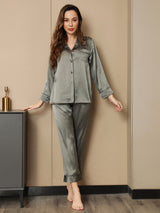 [Grayish Green] SilkSilky-CA Pure Silk Long Sleeve Notch Collar Women's Pajamas 003
