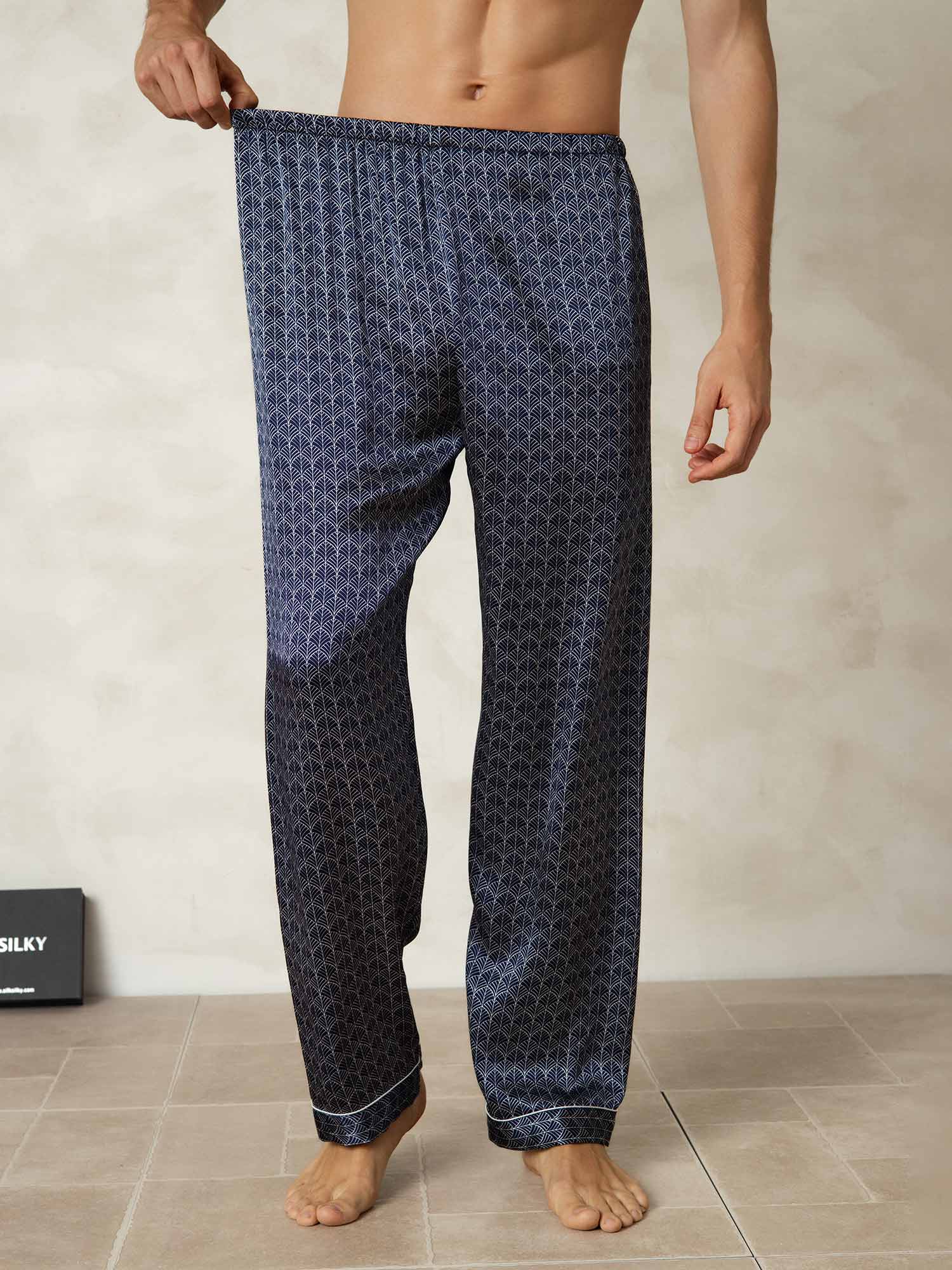 [Navy Ginkgo] SilkSilky-CA Pure Silk Mens Sleep Bottoms 003