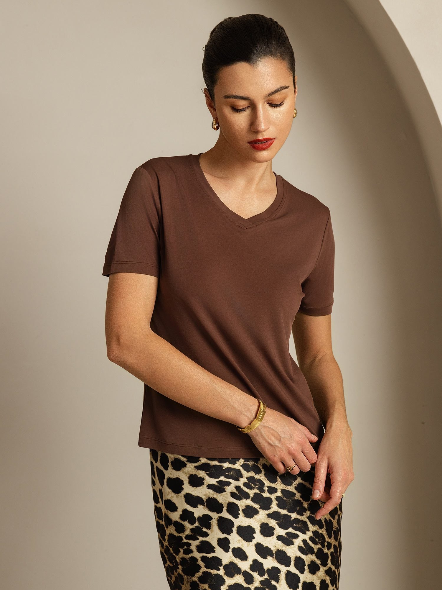 [Coffee] SilkSilky-CA Pure Silk V Neck Women's T-Shirt 006