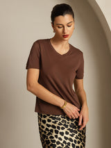 [Coffee] SilkSilky-CA 100% High-Twist Silk Jersey Short Sleeve V Neck Women's T-Shirt 006