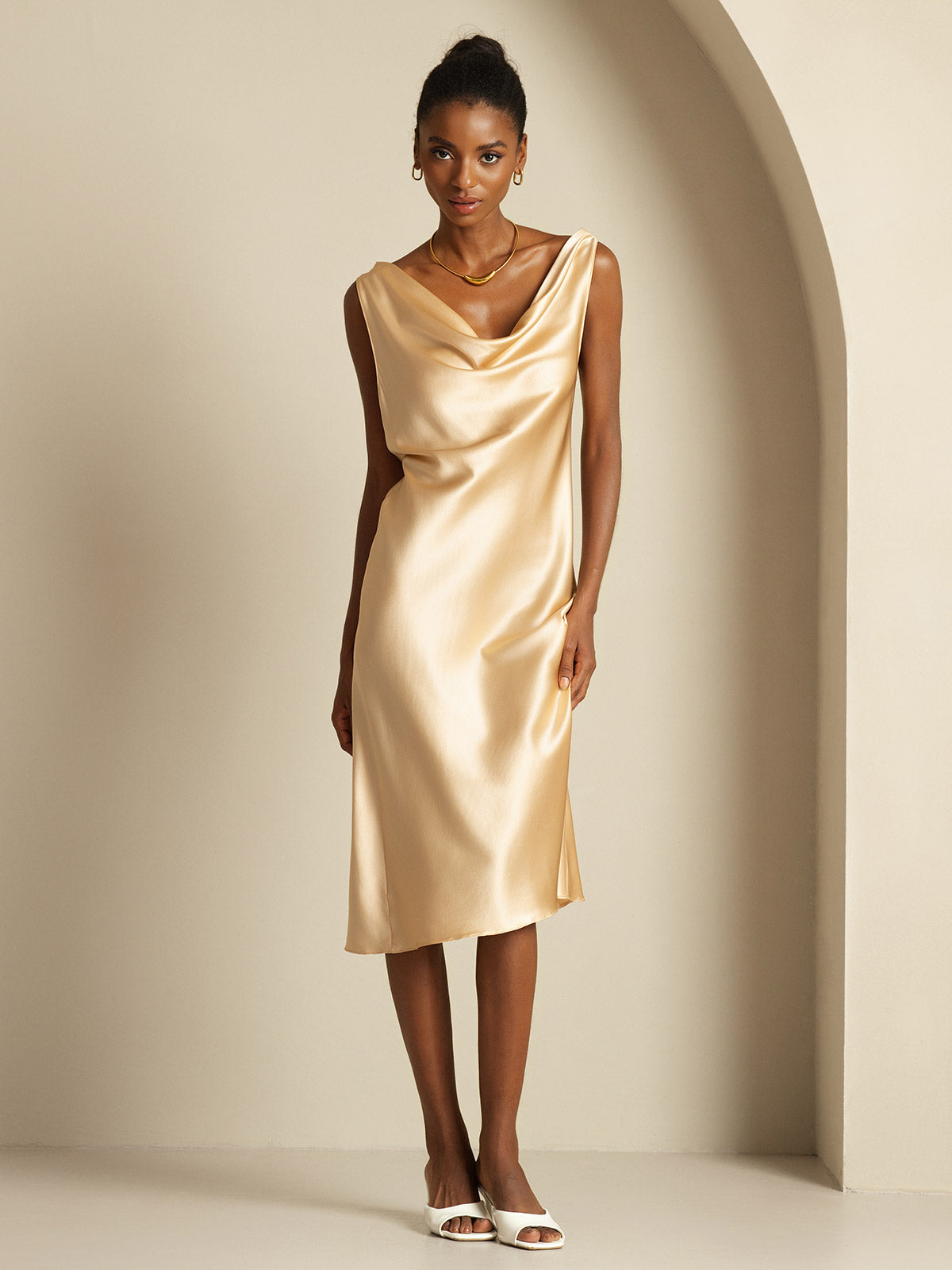 [Champagne] SilkSilky-CA 19Momme Silk Cowl Neck Dress 005