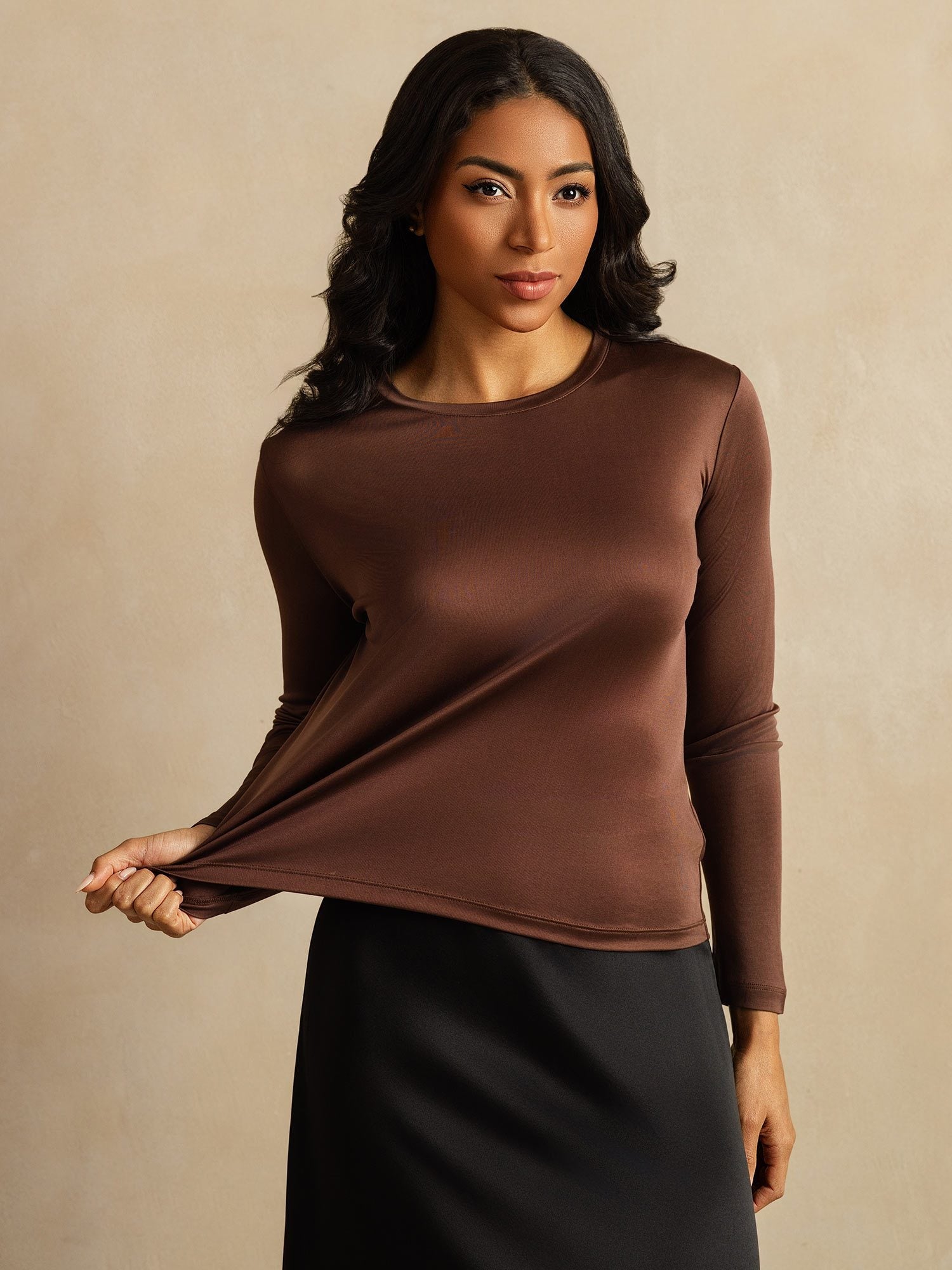 [Coffee] SilkSilky-CA Pure Silk Womens T-Shirt 007,