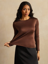 [Coffee] SilkSilky-CA 100% Silk Jersey Long Sleeve Crew Neck Women's T-Shirt 007