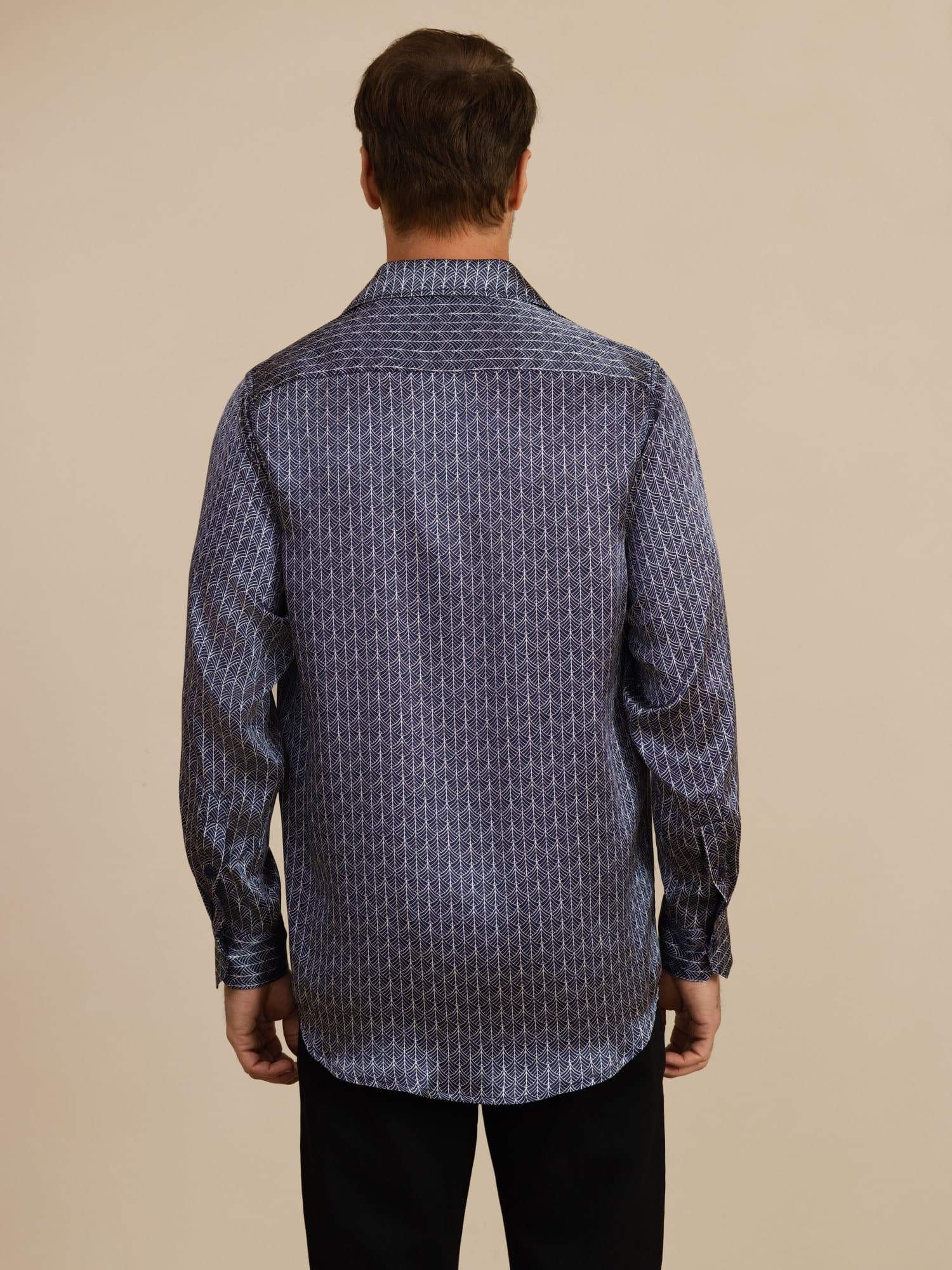 [Navy Ginkgo] SilkSilky-CA Long Sleeve Lapel Collar Men's Shirt 002