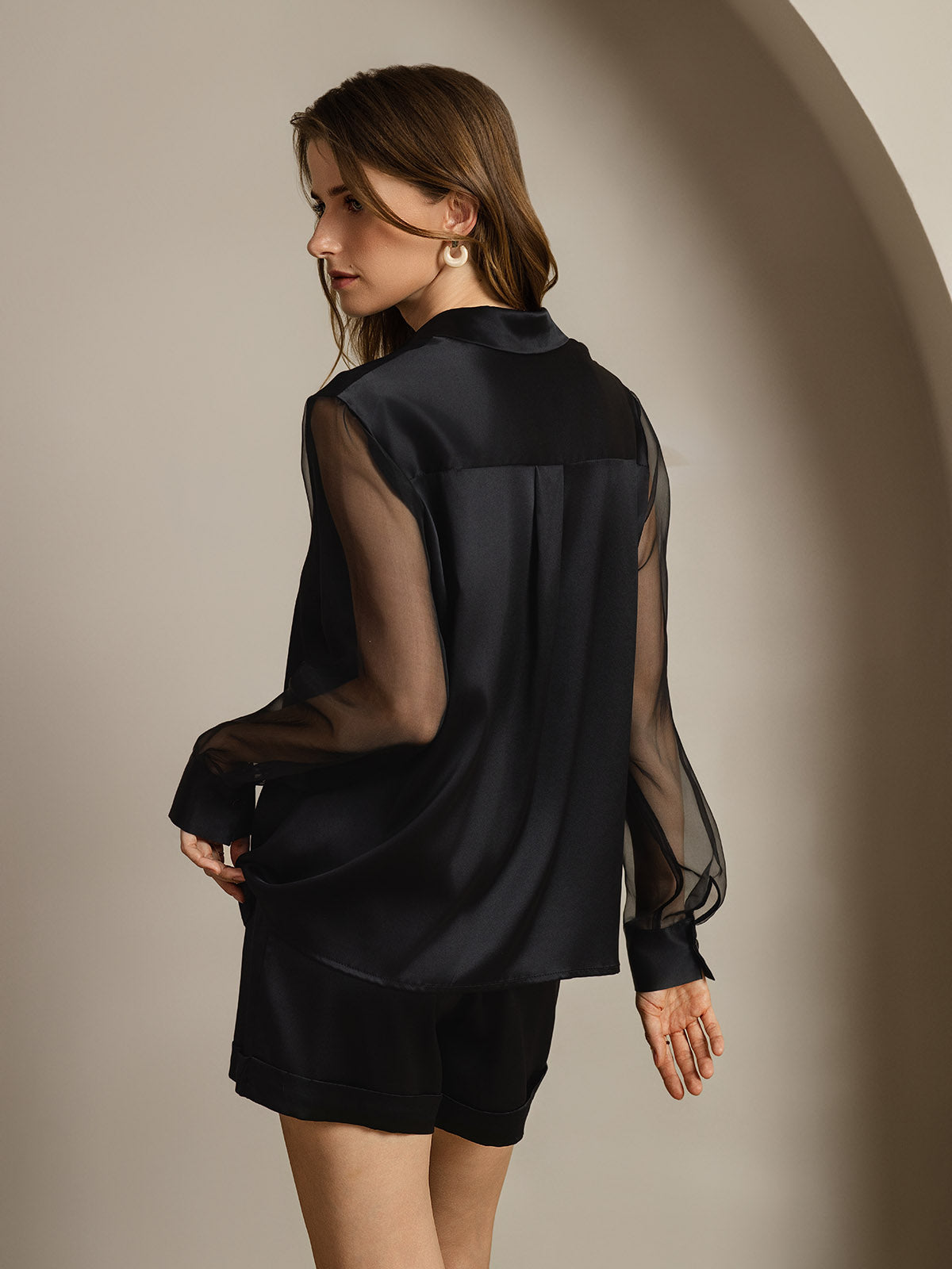 [Black] SilkSilky-CA Long Sleeve Lapel Collar Women's Shirt 002