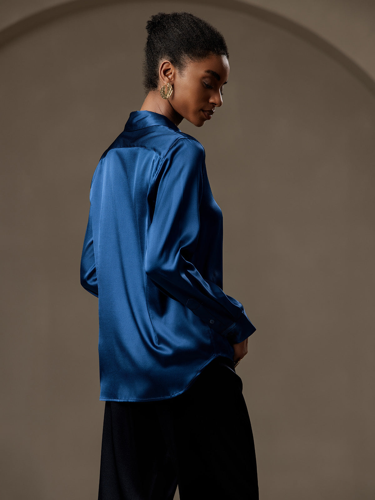 [Teal] SilkSilky-CA Silk Lapel Collar Women's Shirt 002