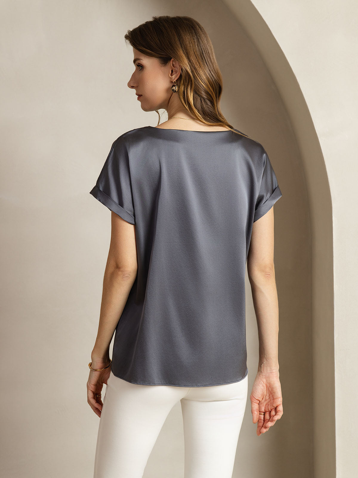[Dark Gray] SilkSilky-CA 19Momme Silk Round Neck Women's T-Shirt 002,