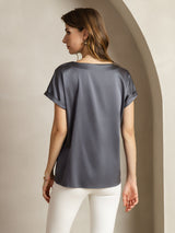 [Dark Gray] SilkSilky-CA Short Sleeve Boat Neck Women's T-Shirt 002