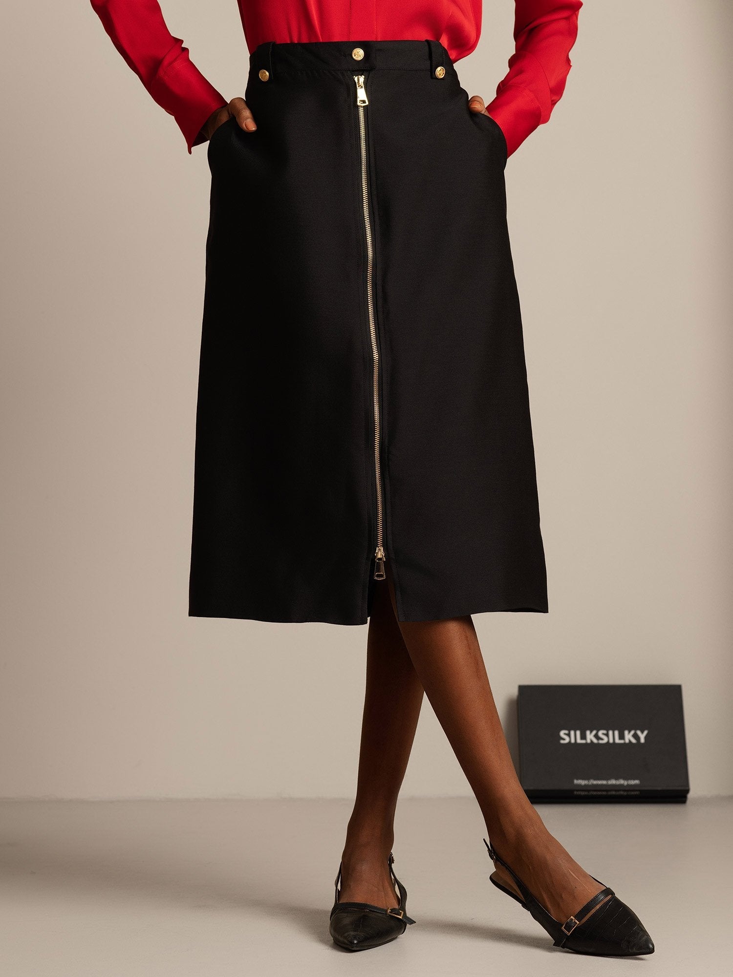 [Black] SilkSilky-CA 32Momme Silk-Wool Blend Split Skirt 001,