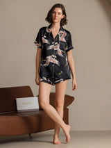 [Black] SilkSilky-CA Short Sleeve Lapel Collar Women's Pajamas 006