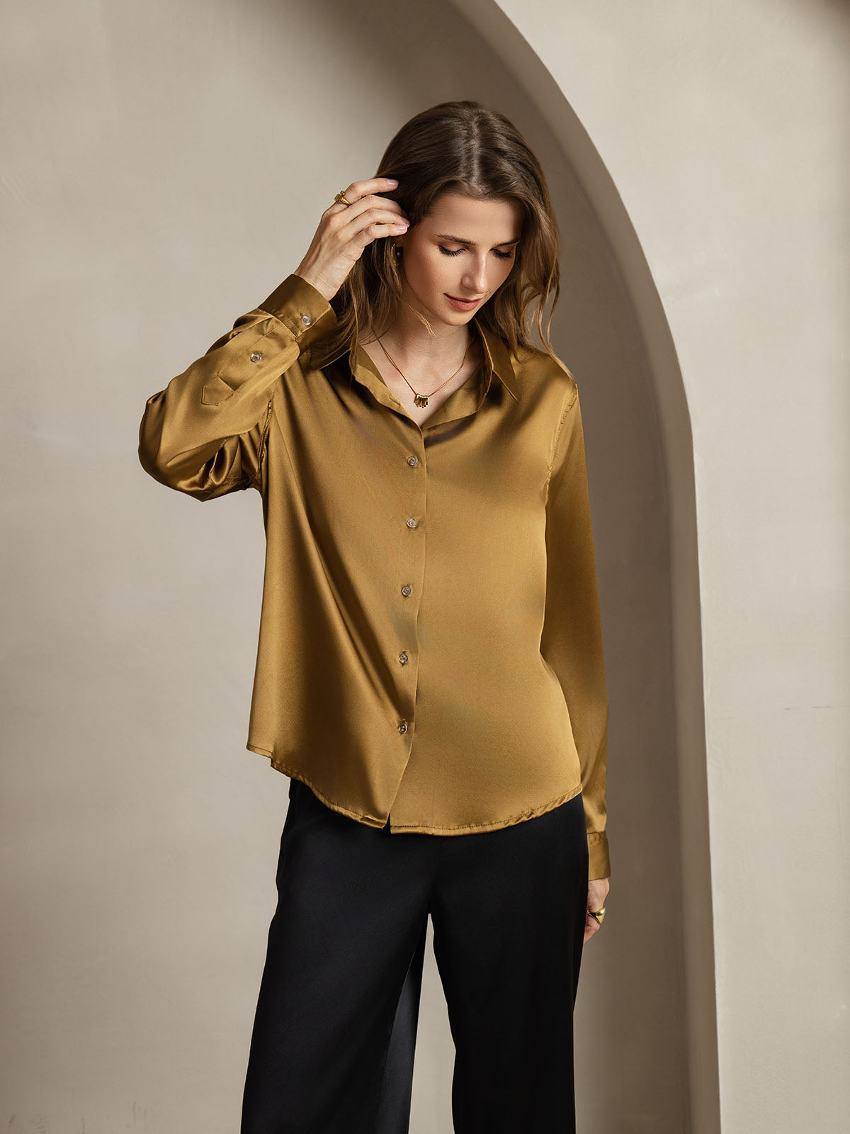 [Bronze] SilkSilky-CA Silk Long Sleeve Lapel Collar Women's Shirt 001