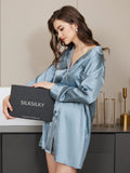 SilkSilky CA Pure Silk Long Sleeve Lapel Nightshirt SteelBlue 006