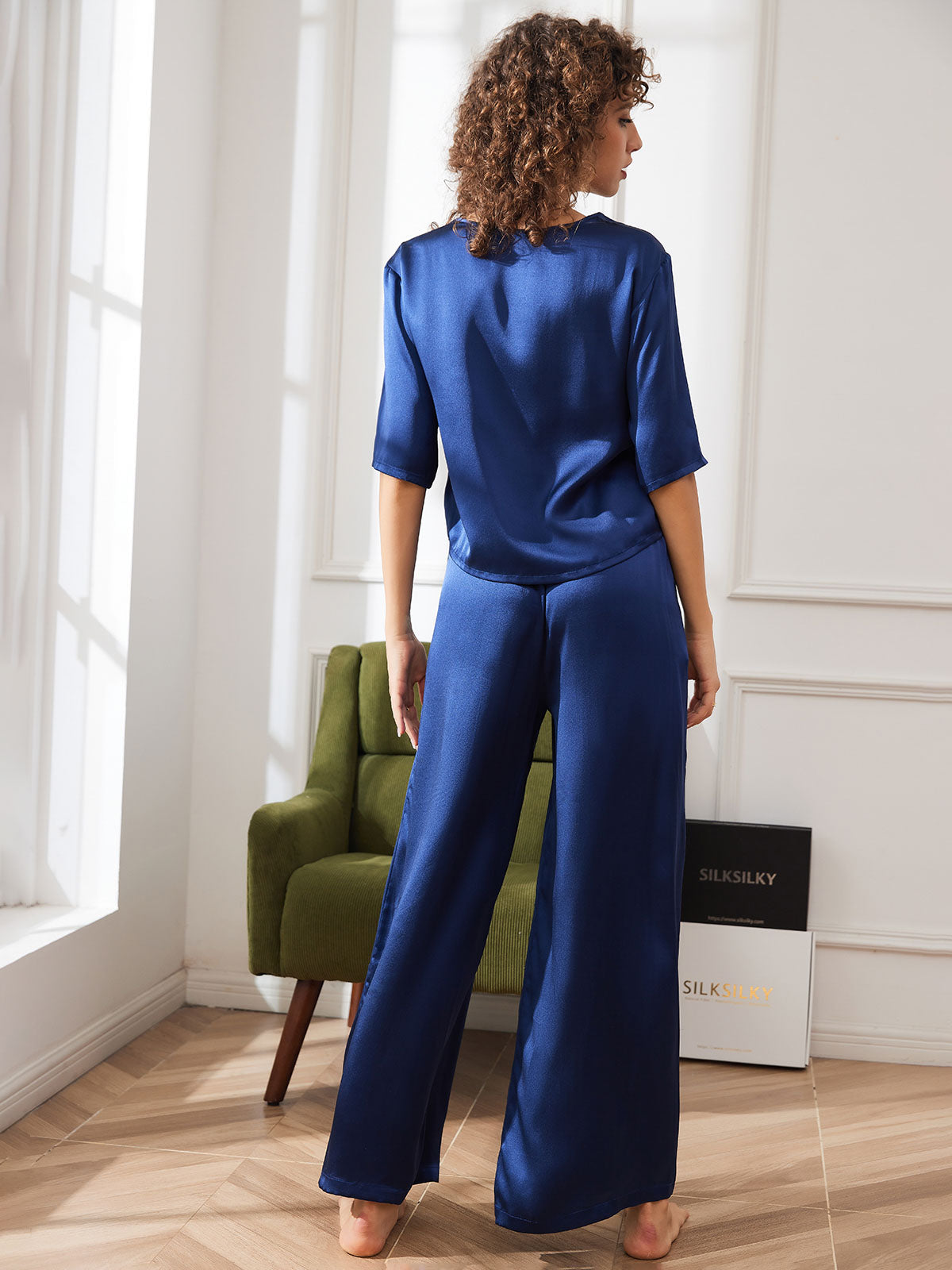 [Dark Blue] SilkSilky-CA Pure Silk Half Sleeve Round Neck Women's Pajamas 002