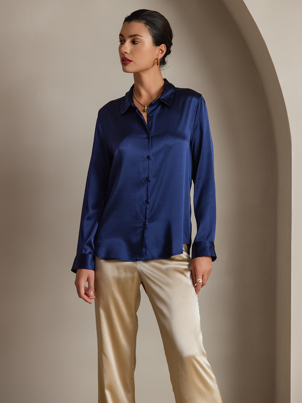 [Dark Blue] SilkSilky-CA 19Momme Stretch Silk Charmeuse Long Sleeve Lapel Collar Women's Shirt 001
