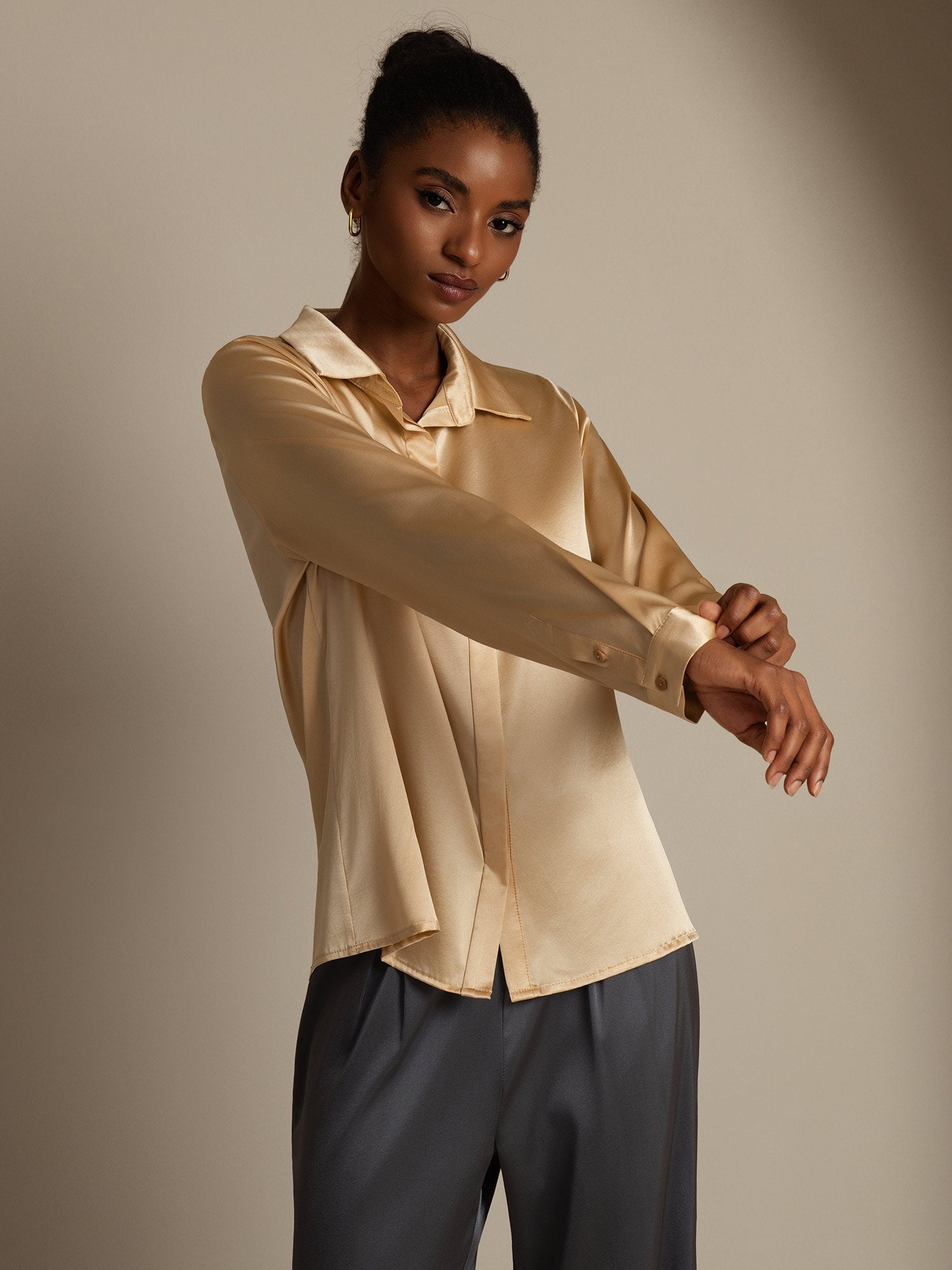 [Champagne] SilkSilky-CA 19Momme Silk Long Sleeve Lapel Collar Women's Shirt 005