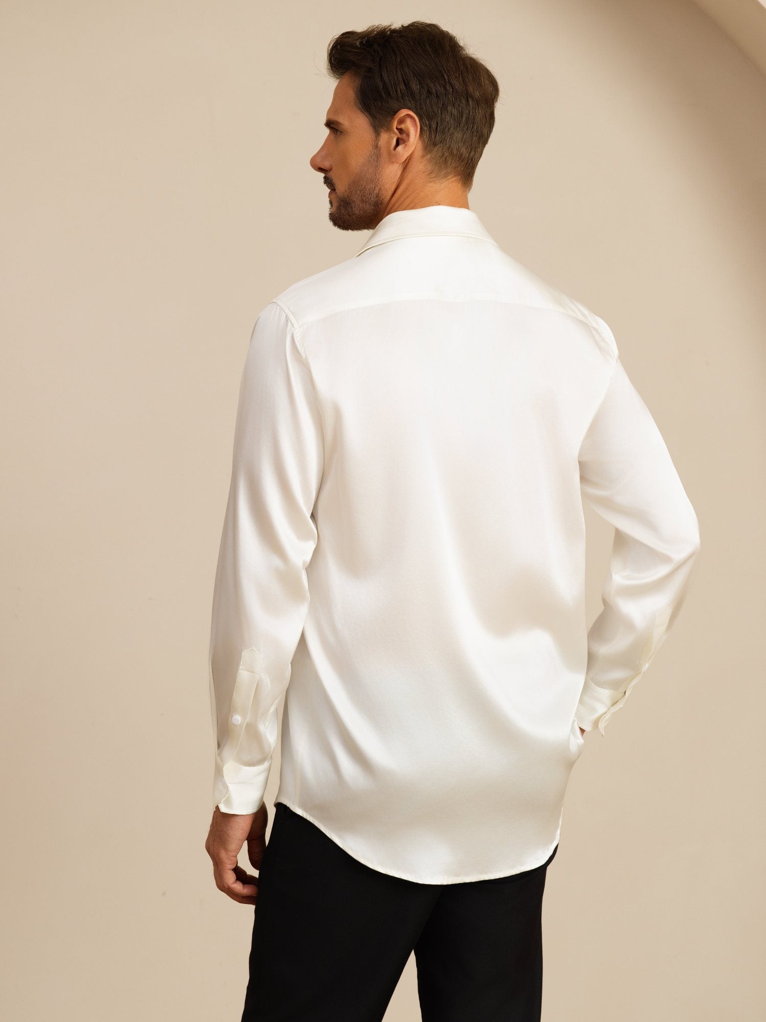 [White] SilkSilky-CA 19Momme Stretch Silk Charmeuse Long Sleeve Lapel Collar Men's Shirt 002