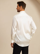 [White] SilkSilky-CA 19Momme Stretch Silk Charmeuse Long Sleeve Lapel Collar Men's Shirt 002