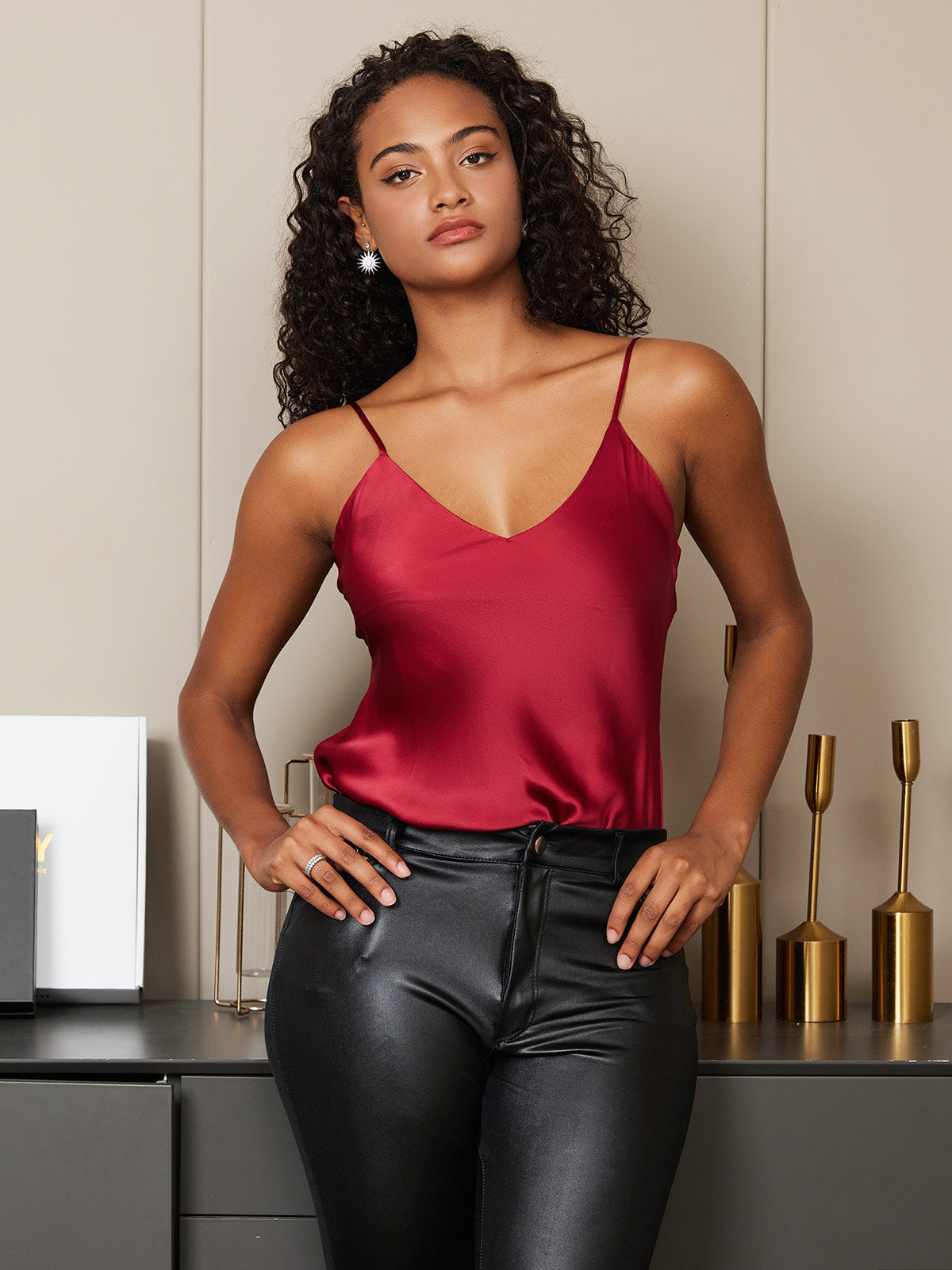 [Dark Red] SilkSilky-CA Pure Silk Sleeveless V Neck Camisole 004