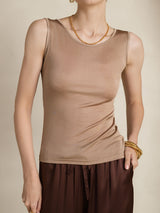 [Coffee] SilkSilky-CA Sleeveless Round Neck Women's T-Shirt 005